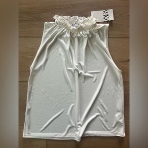 Zara White Sleeveless Ruffle High Neck Top size Large